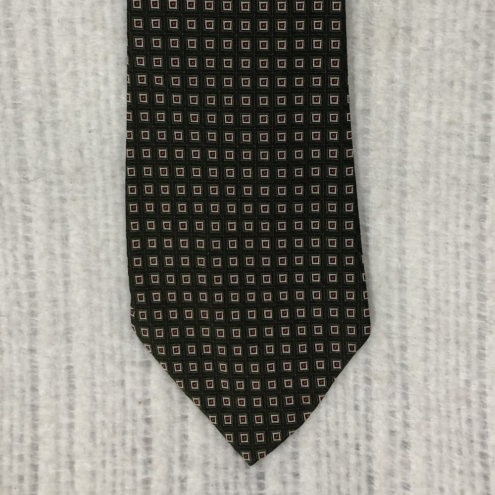 Polo Ralph Lauren Men Silk Tie Olive Green Geometric Square Pattern Hand Made